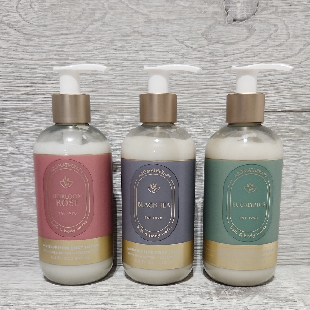 Aromatherapy Moisturizing Body Lotions Heirloom Rose, Black Tea, Eucalyptus